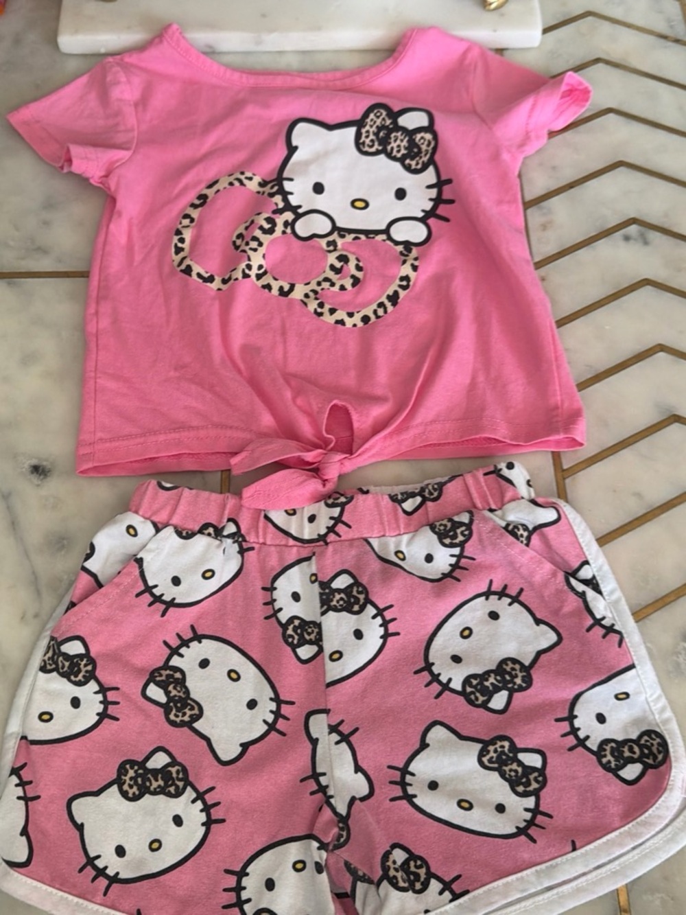 Hello Kitty Pink Short Sleeve Tie-Front Top & Printed Shorts Pajama Set